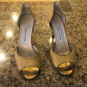 Gently Worn Gold Manolo Blahnik peep toe heels